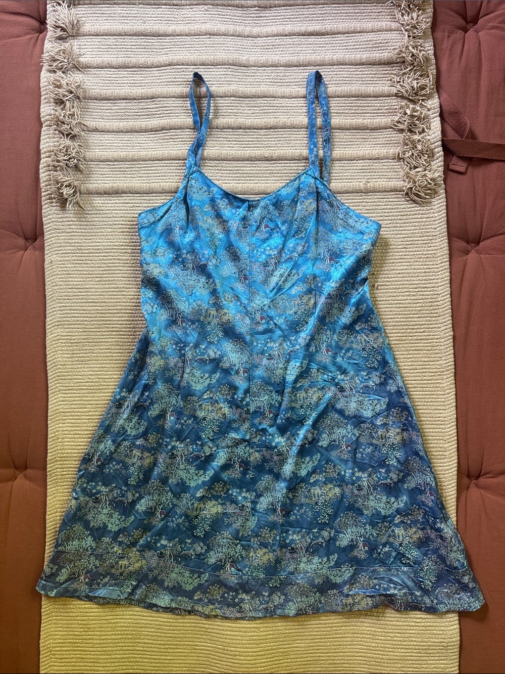 Sateen strappy dress Asian print silkyturquoise blue hand sewn made size 6 8 M